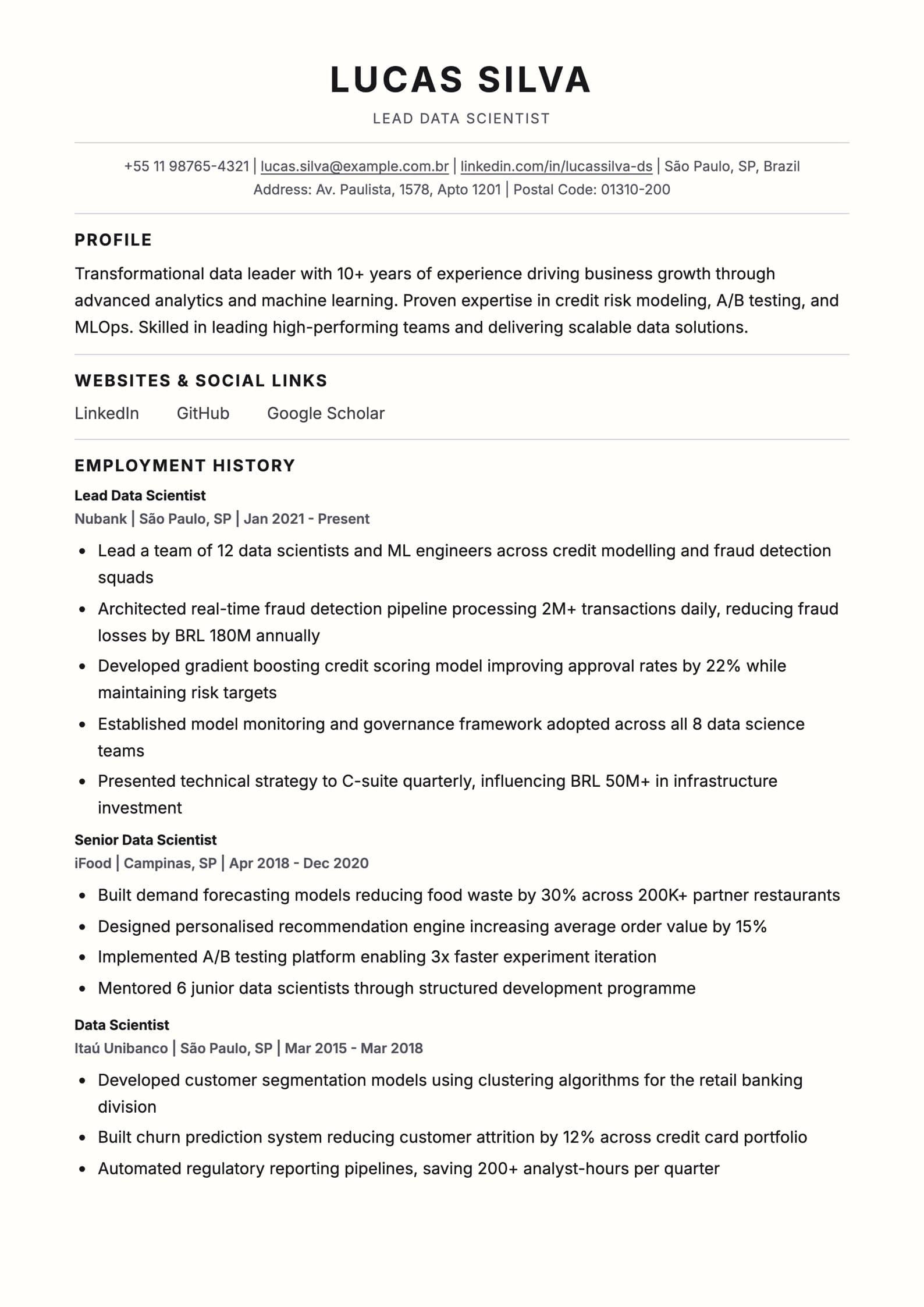 Example of a clean, single-column ATS-friendly CV: standard headings, no photo, real selectable text