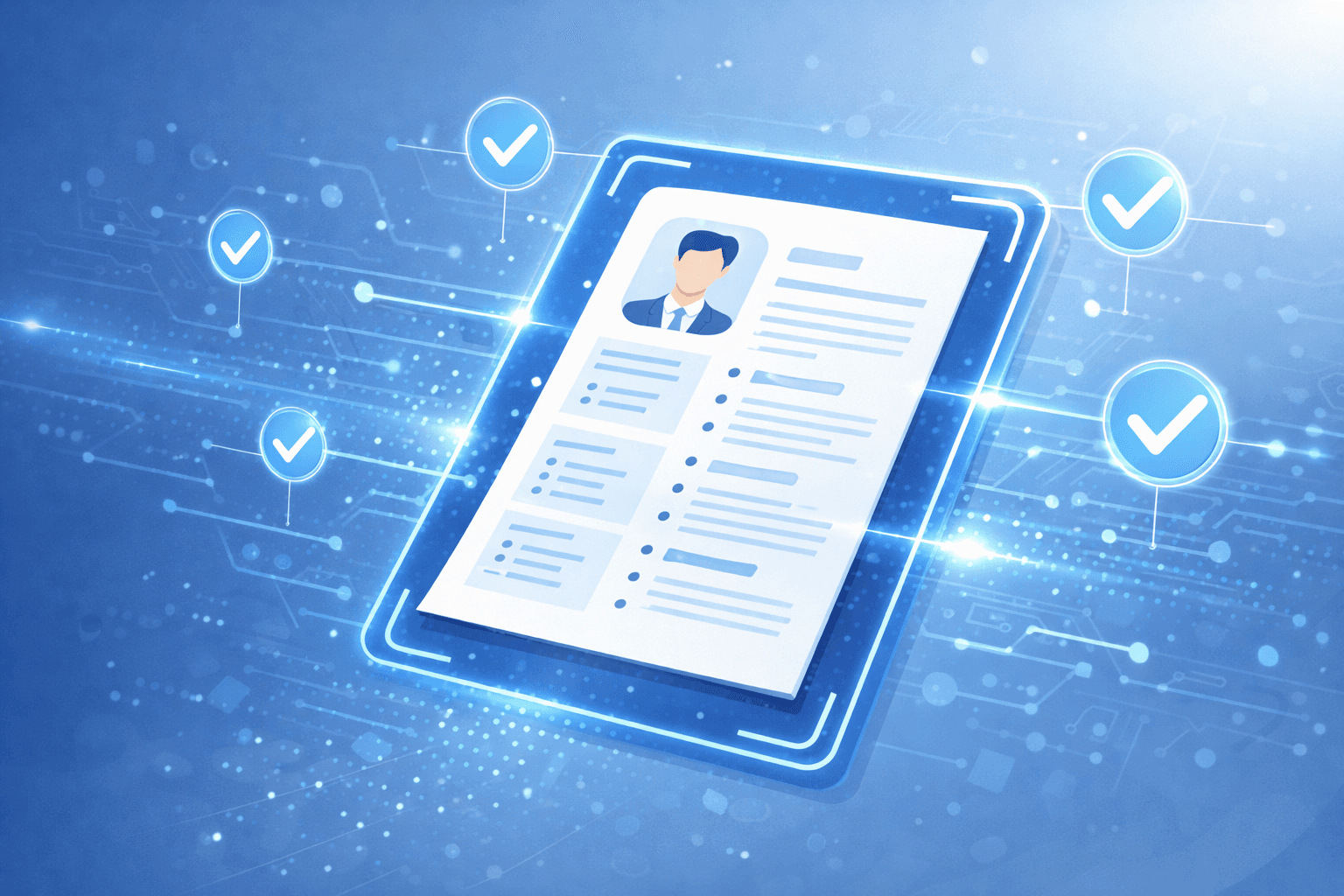 A digital illustration showing a resume passing through an automated screening system