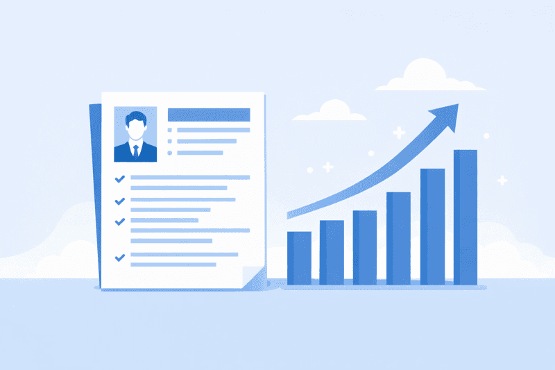A bar chart rising upward next to a professional CV document