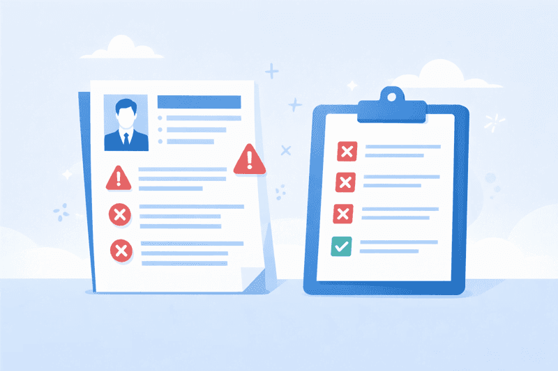 A CV document with red warning markers and a checklist beside it