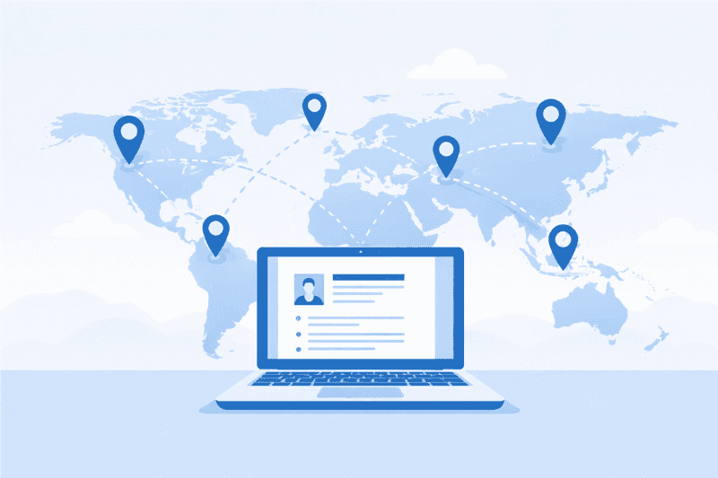 A world map with location pins connected by dotted lines and a laptop in the foreground