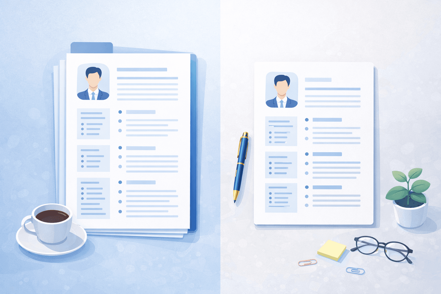وثيقتان جنباً إلى جنب تقارنان بين السيرة الذاتية والـ Resume مع إبراز الفروقات