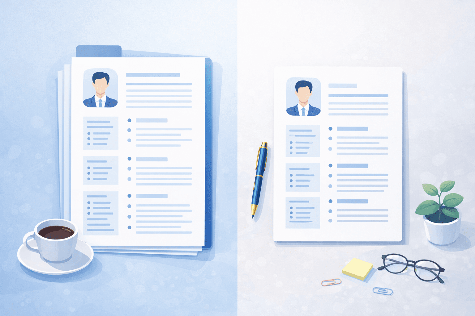 Two documents side by side comparing a CV and a resume with highlighted differences