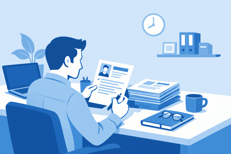A hiring manager reviewing a stack of resumes at a clean modern desk