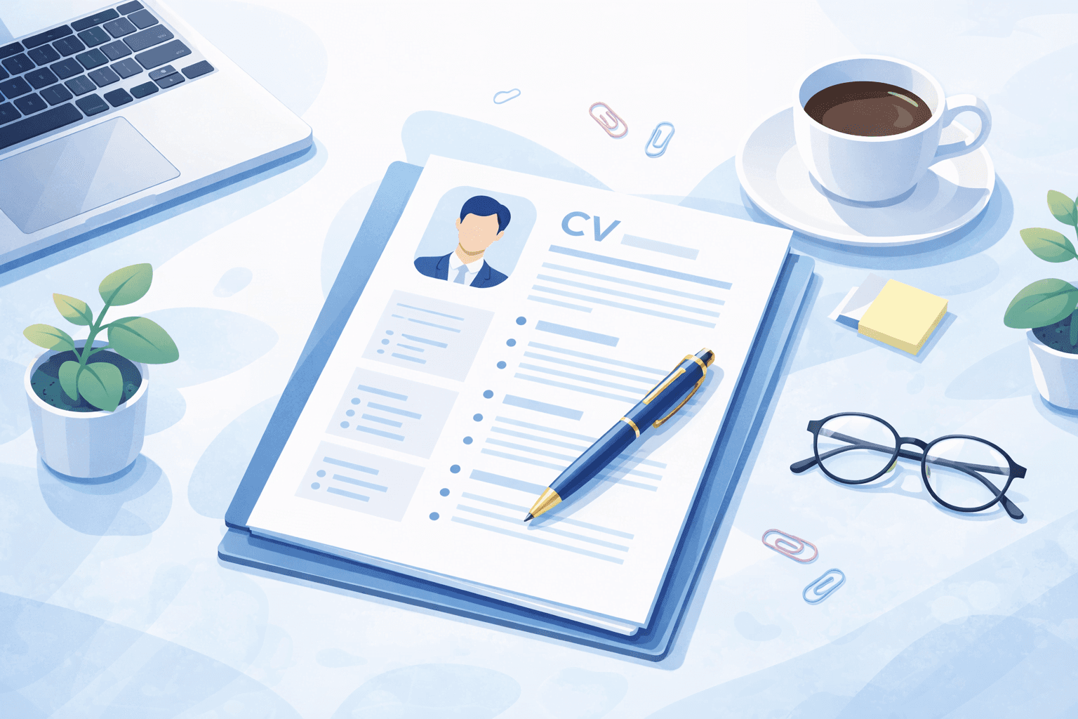 A professional reviewing their CV on a laptop screen with a cup of coffee nearby