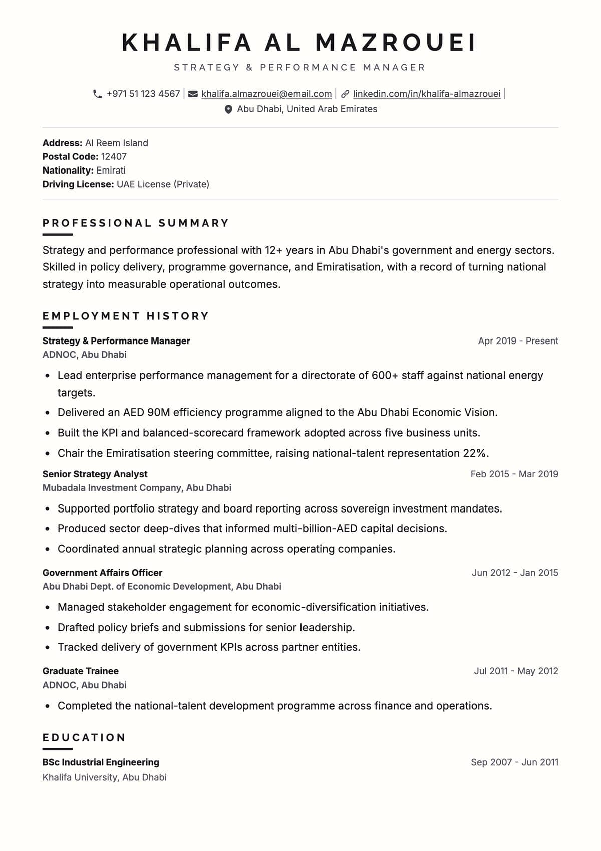Government ATS CV template for أبوظبي