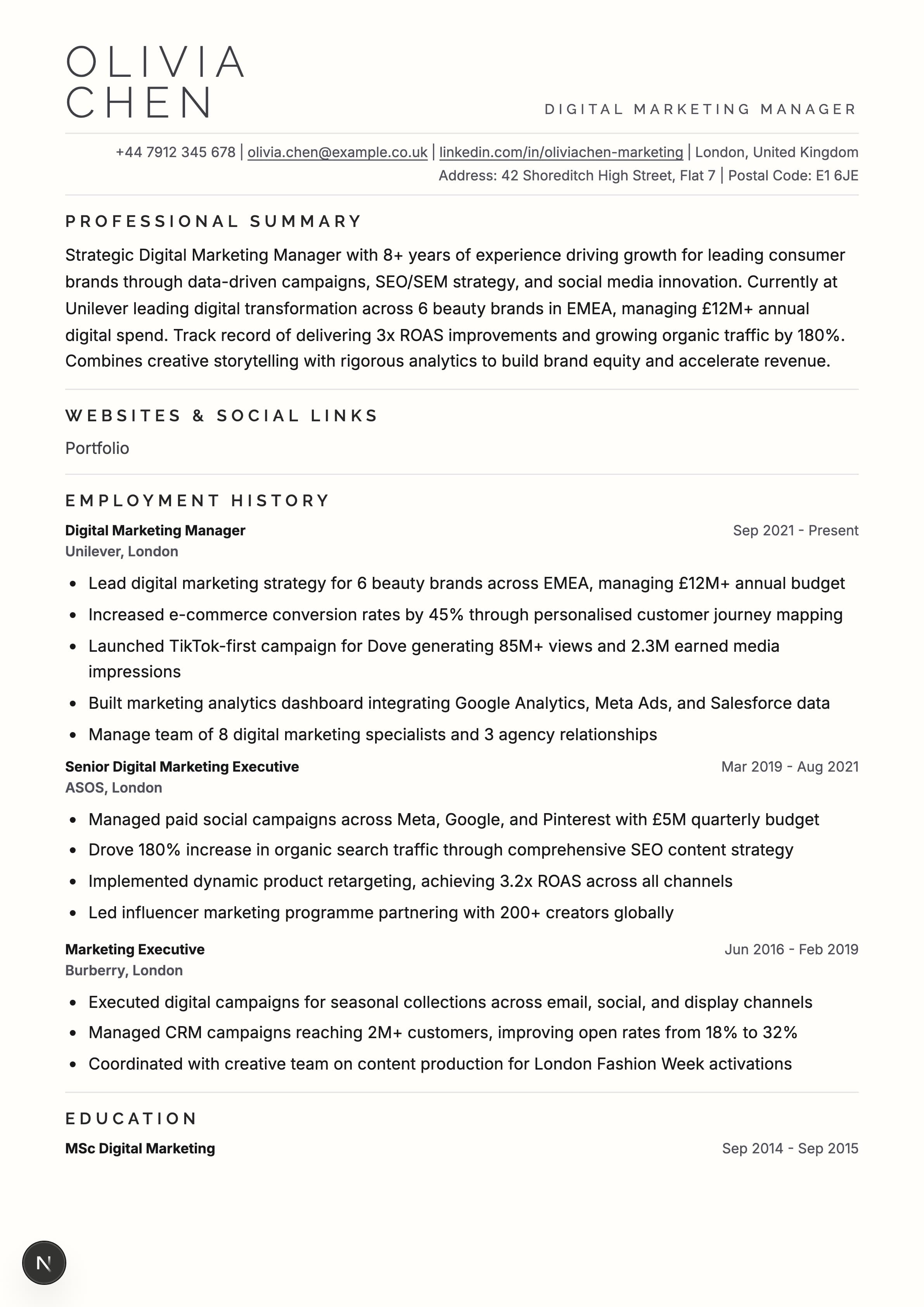 Executive ATS CV template for UK