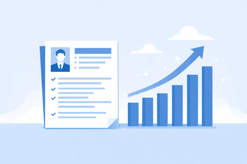 رسم بياني صاعد بجانب وثيقة سيرة ذاتية احترافية