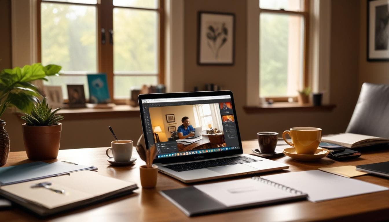 Parent working on laptop at home desk with family photos and professional materials nearby