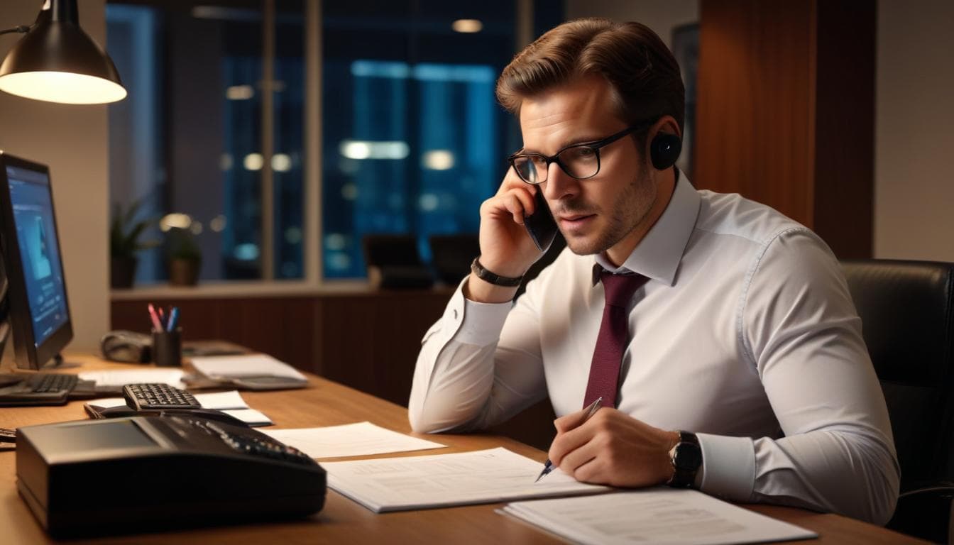 محترف يجري مكالمة هاتفية للتحقق من مراجع مرشح في مكتب