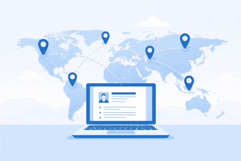 خريطة عالمية مع دبابيس مواقع متصلة بخطوط منقطة وحاسوب محمول في المقدمة