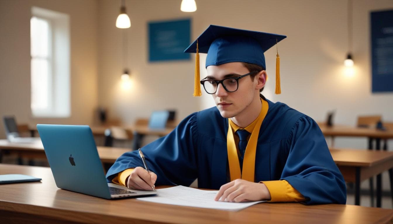 Illustration of a graduation cap and diploma leading to a professional CV document