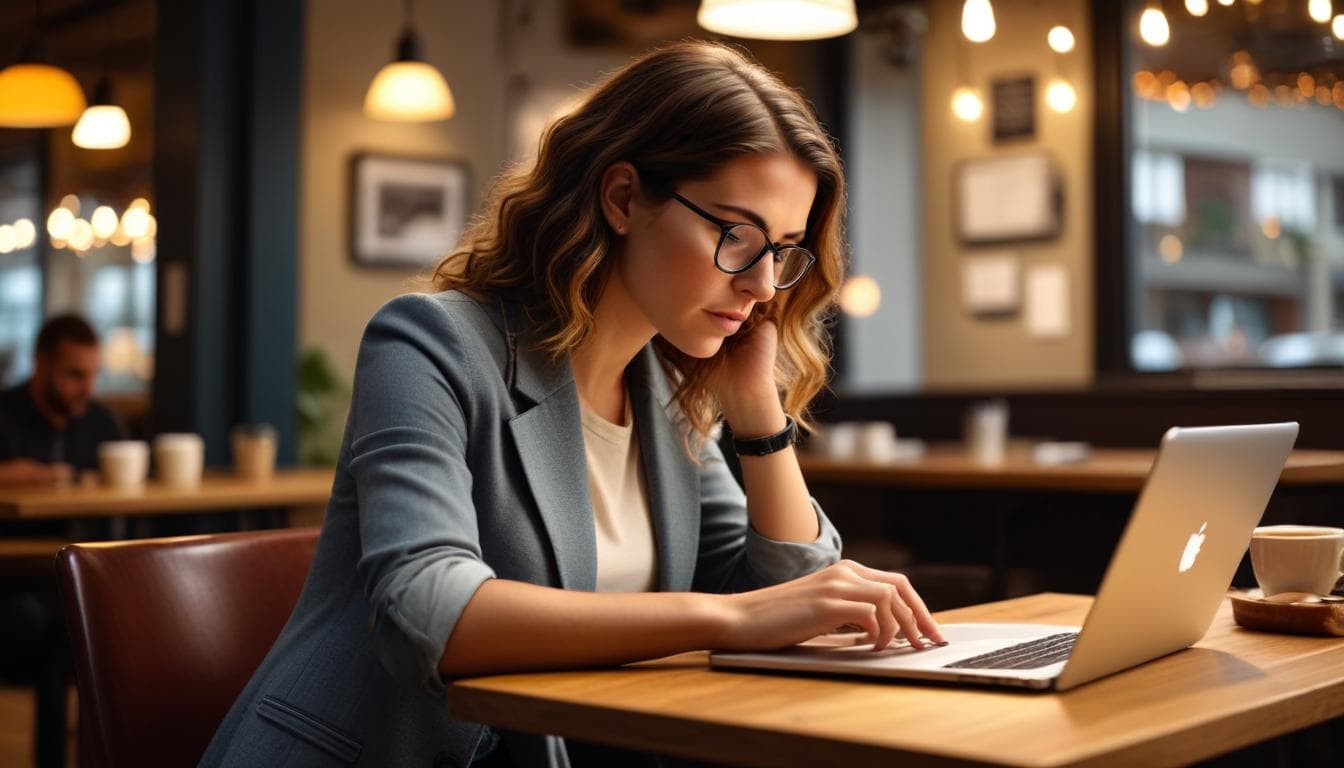 Professional composing a follow-up email on laptop in a modern workspace