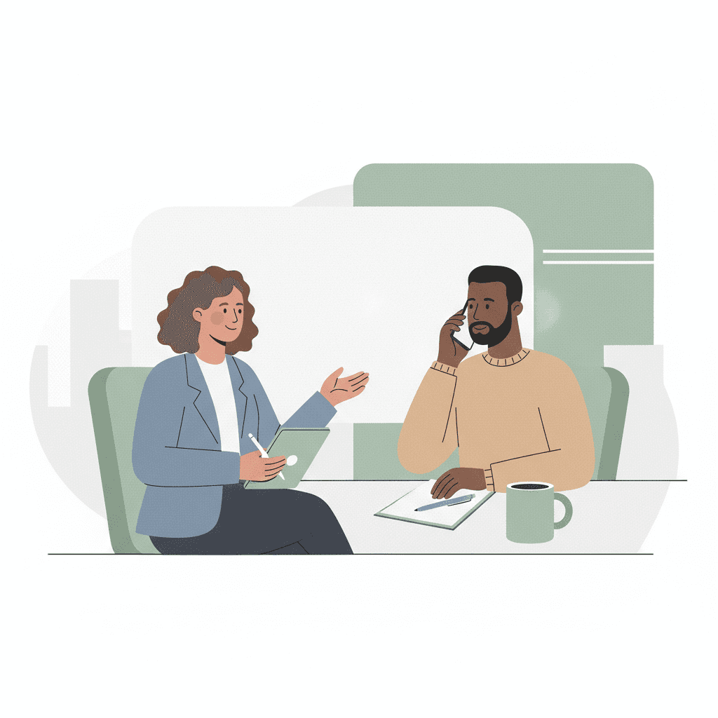 Person on a phone call with a confident expression