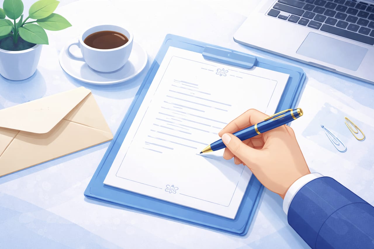 شخص يكتب خطاب تقديم على حاسوبه المحمول بجانب سيرة ذاتية مطبوعة على المكتب