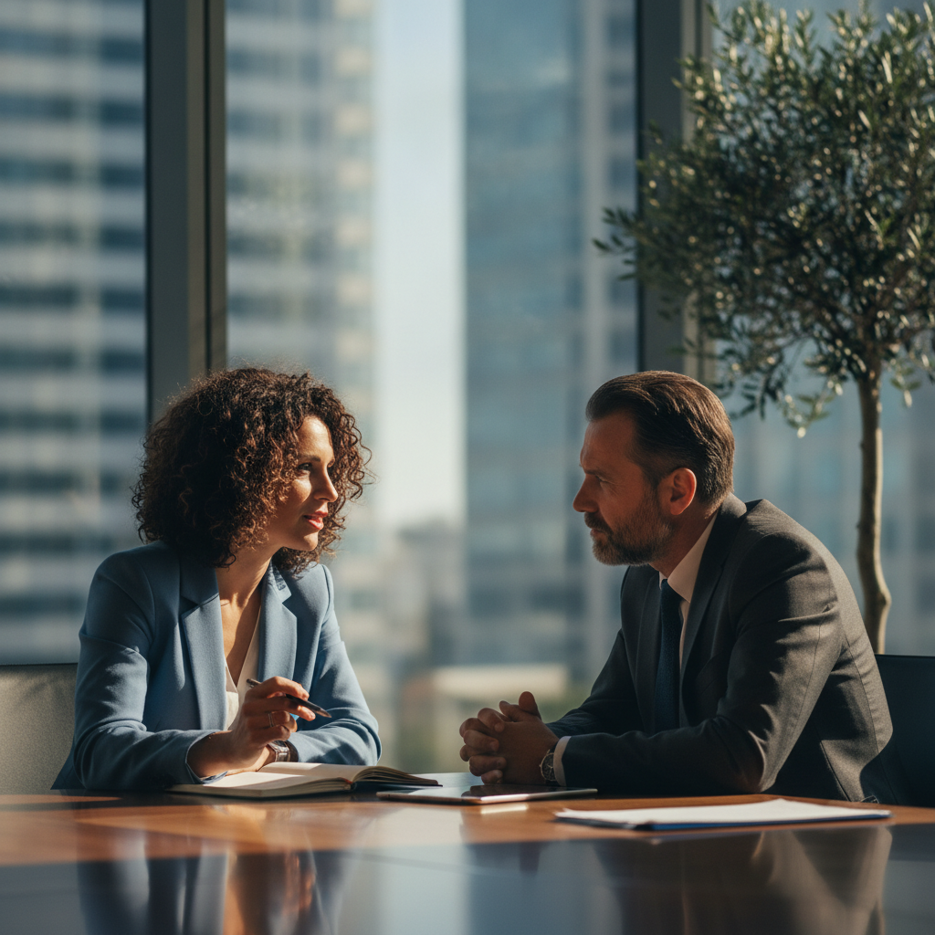 Candidate answering interview questions in a Cyprus office