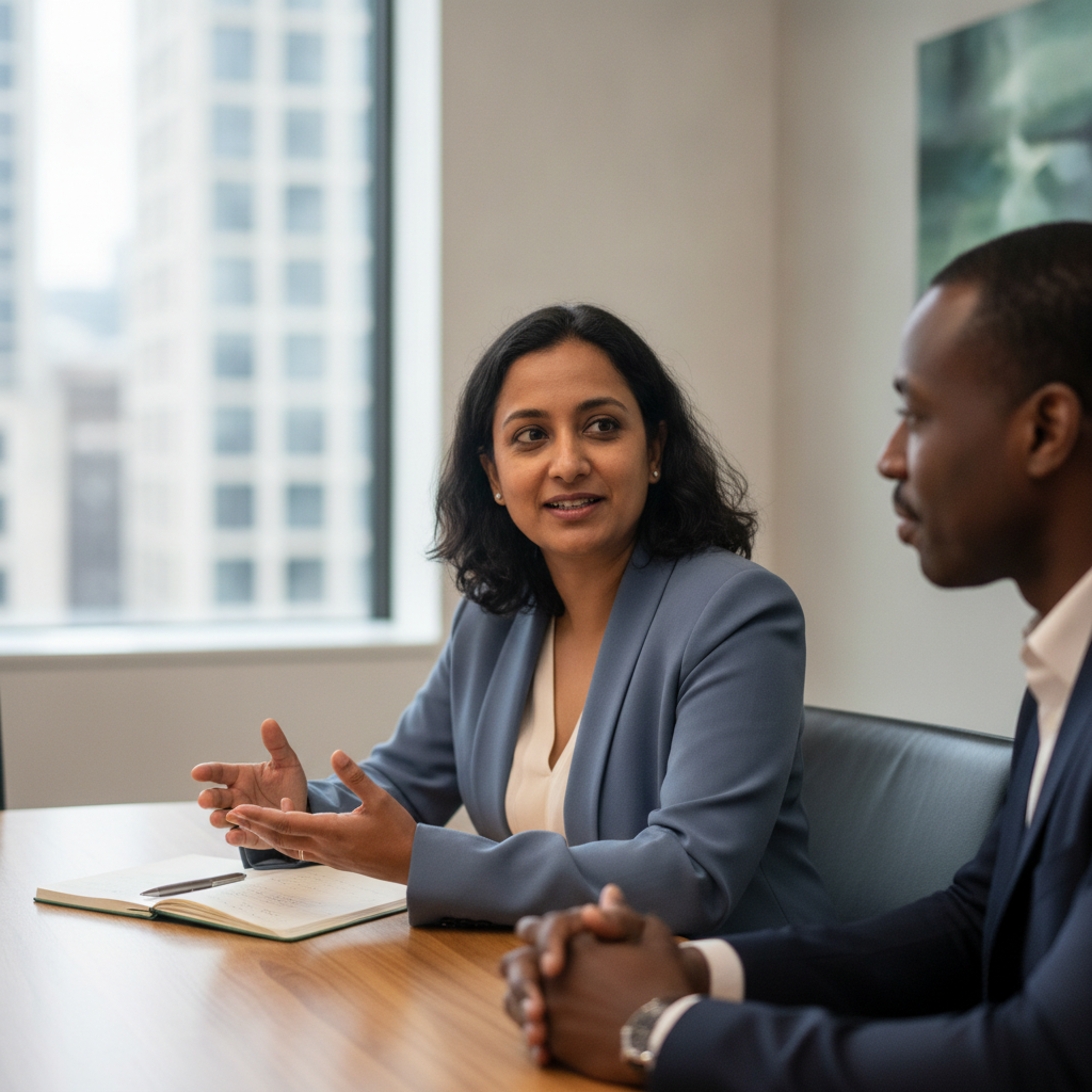 Professional explaining a termination calmly during an interview
