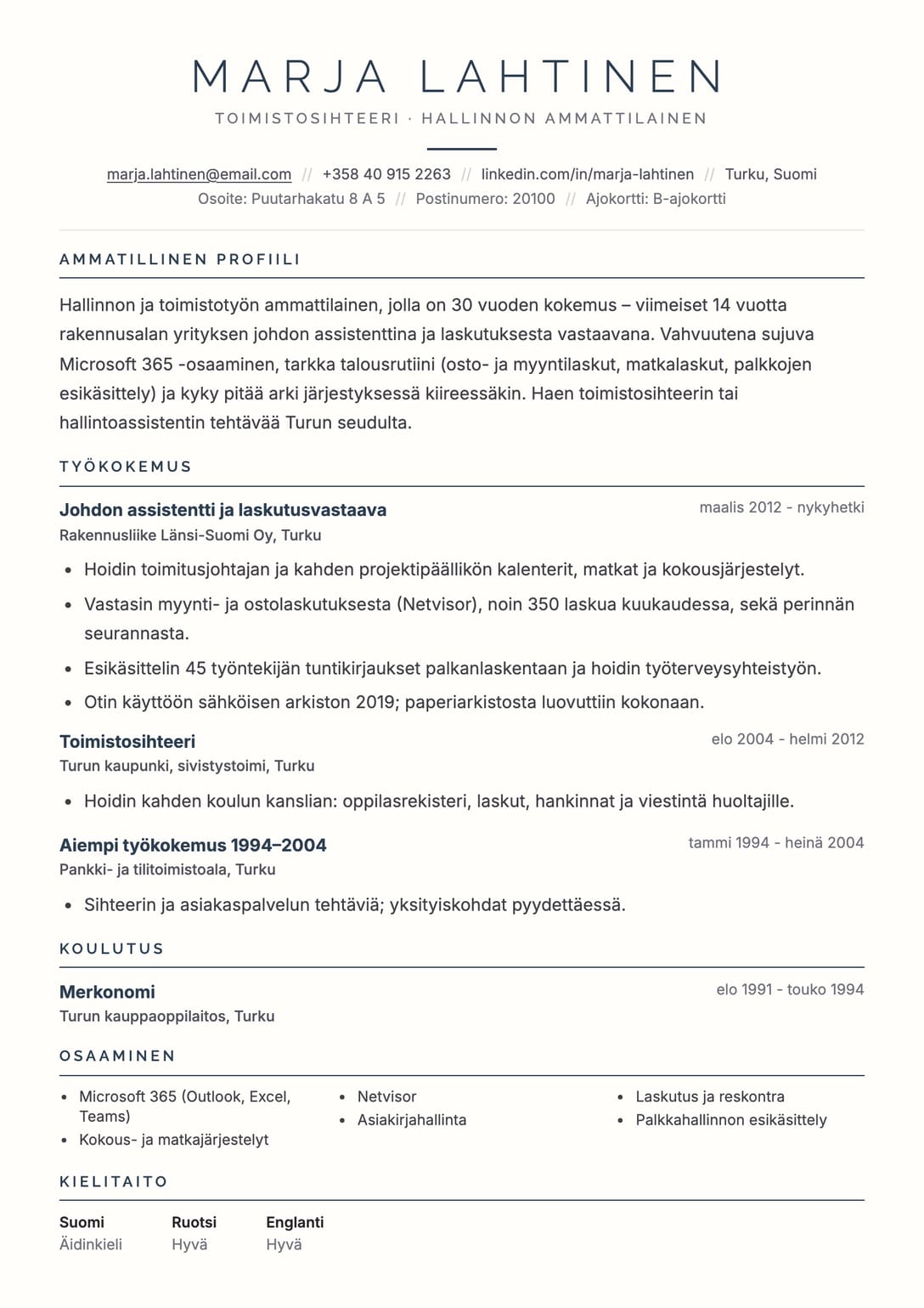 Kokeneen hakijan CV-esimerkki: Marja Lahtinen, toimistosihteeri, Prestige-ATS-pohja