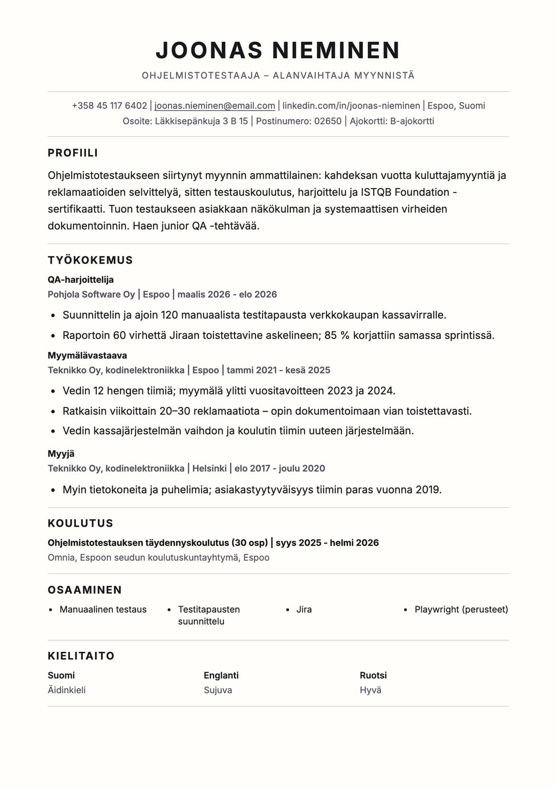 Alanvaihtajan CV-esimerkki: Joonas Nieminen, myynnistä ohjelmistotestaukseen, Erinomainen ATS -pohja