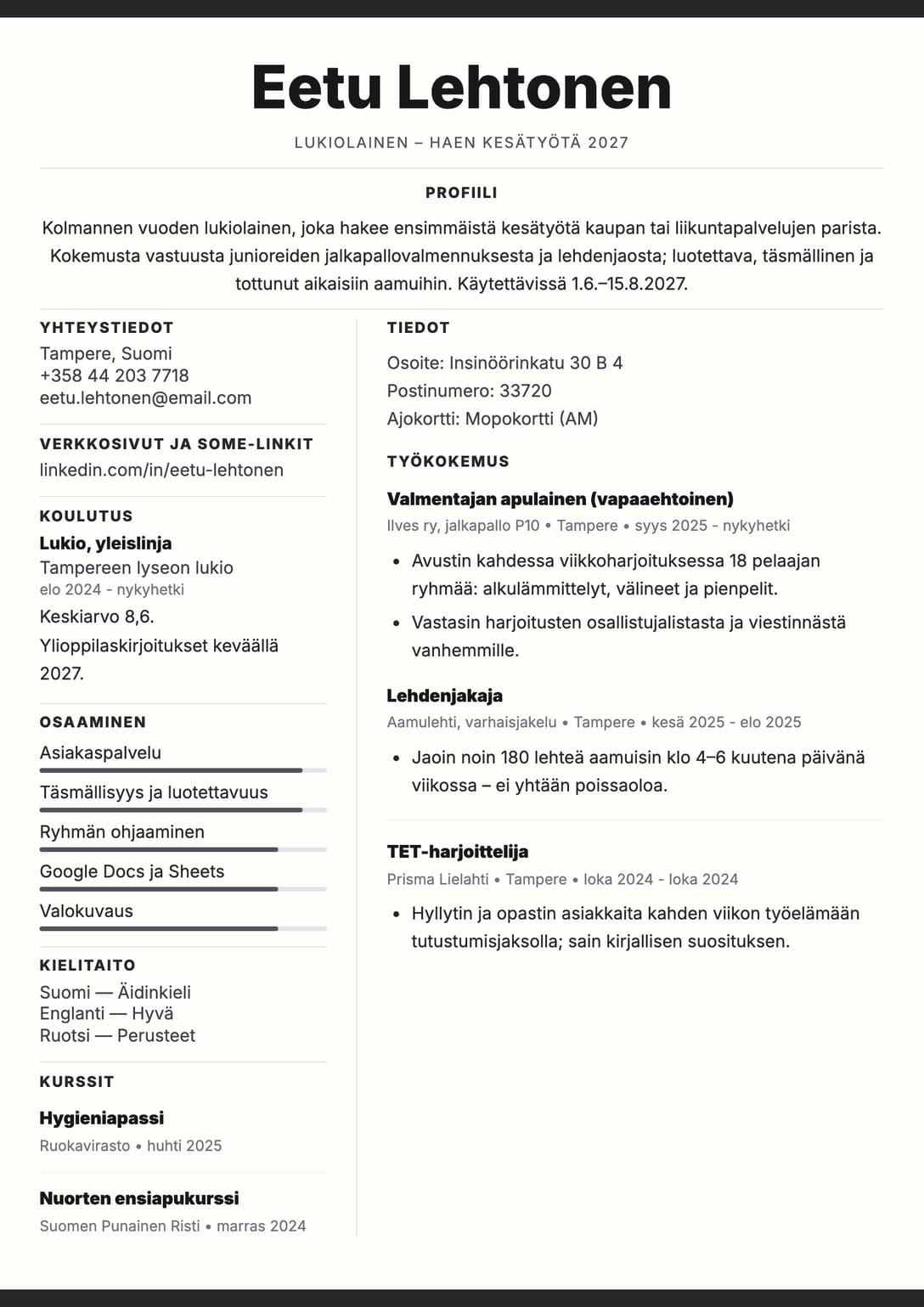 Kesätyönhakijan CV-esimerkki: Eetu Lehtonen, lukiolainen, Yksinkertainen ATS -pohja
