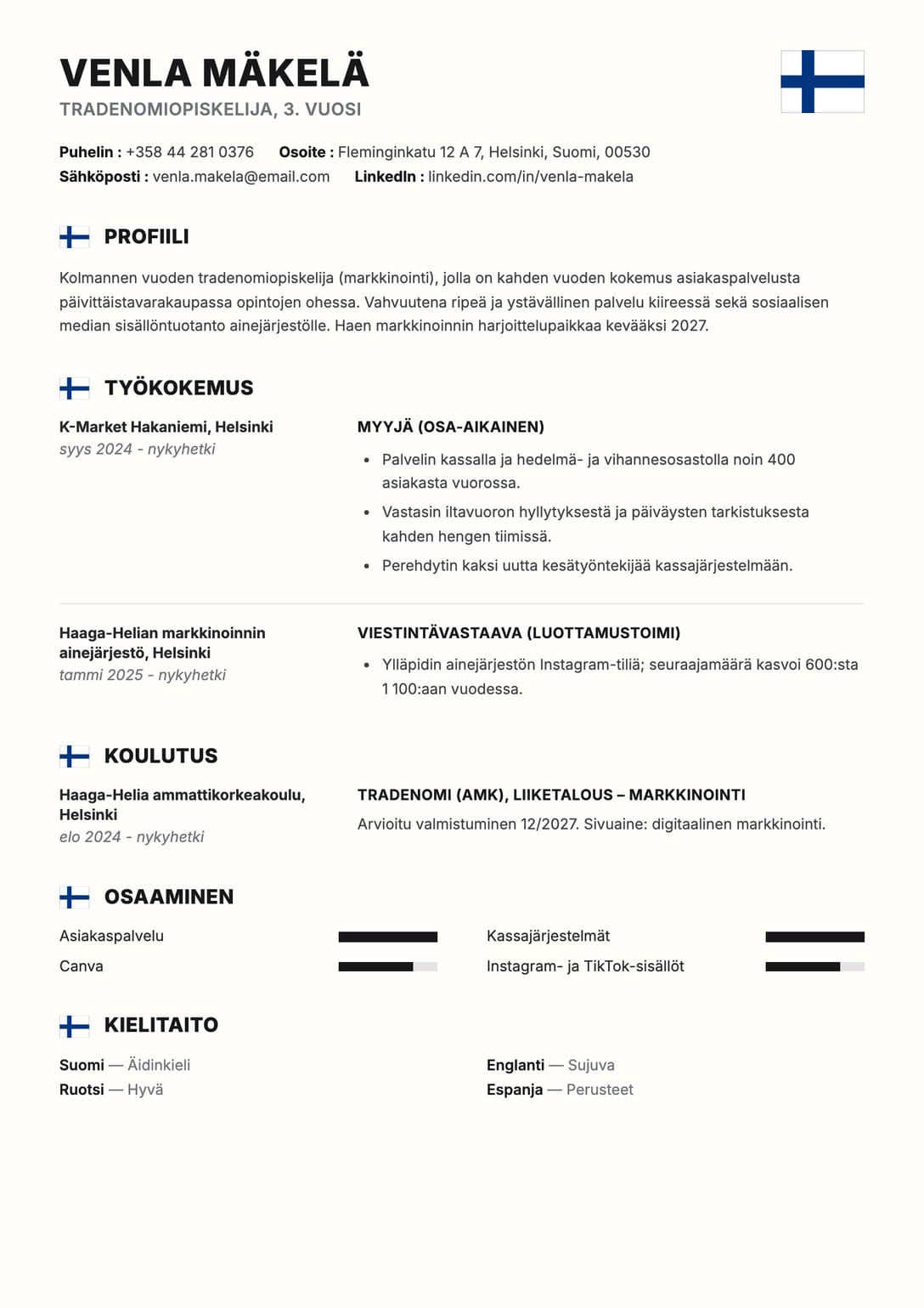 Opiskelijan CV-esimerkki: Venla Mäkelä, tradenomiopiskelija, Aurora-pohja