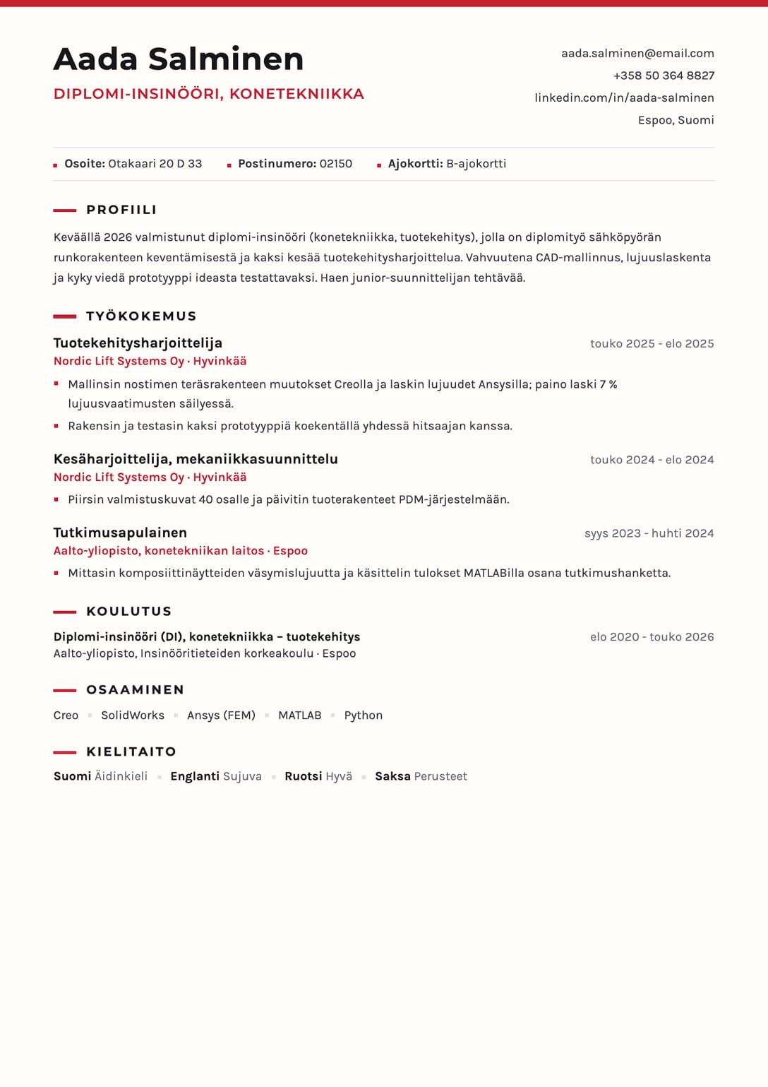 Vastavalmistuneen CV-esimerkki: Aada Salminen, diplomi-insinööri, Kalasatama-pohja