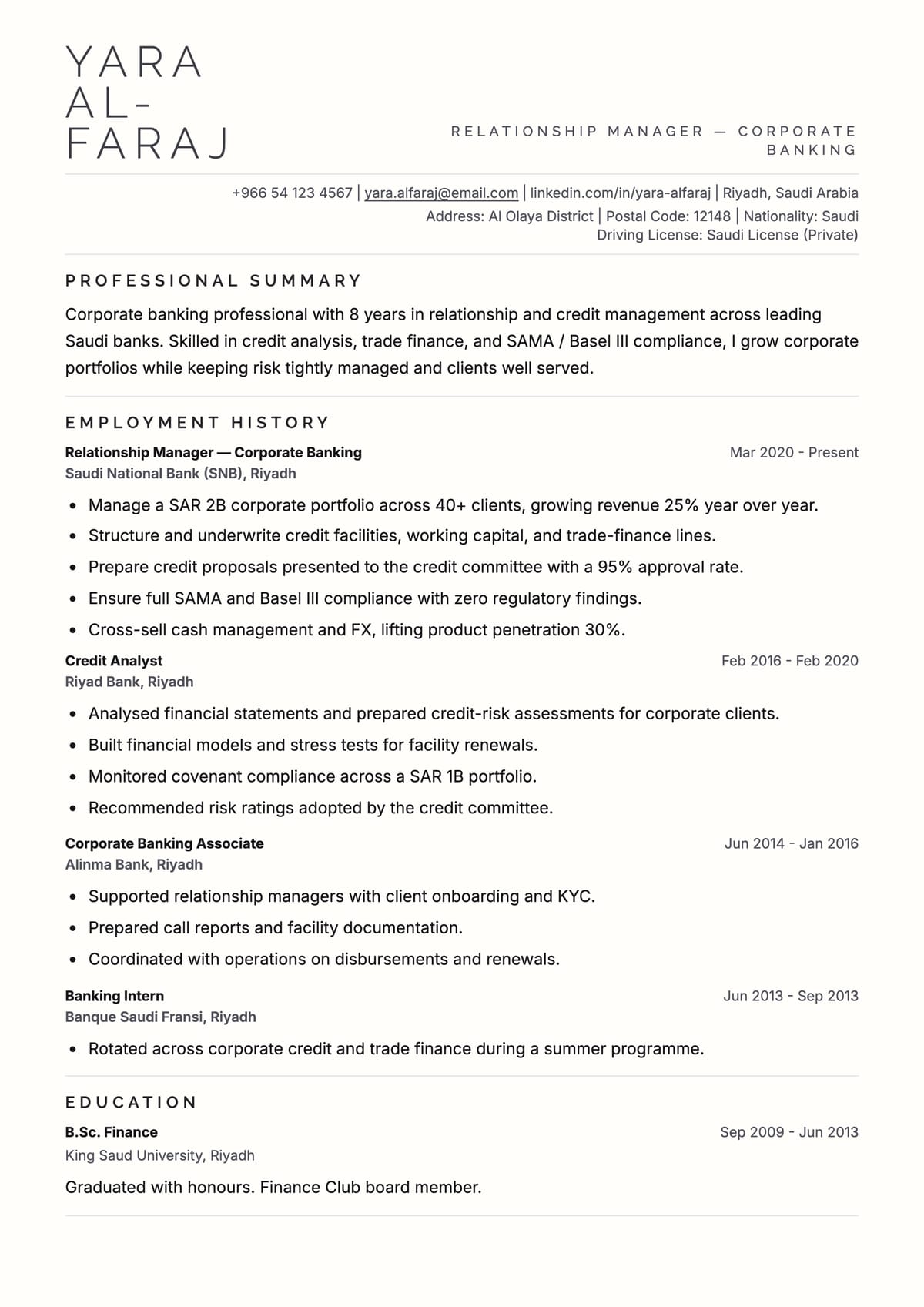Executive ATS CV template for الخدمات المصرفية والمالية