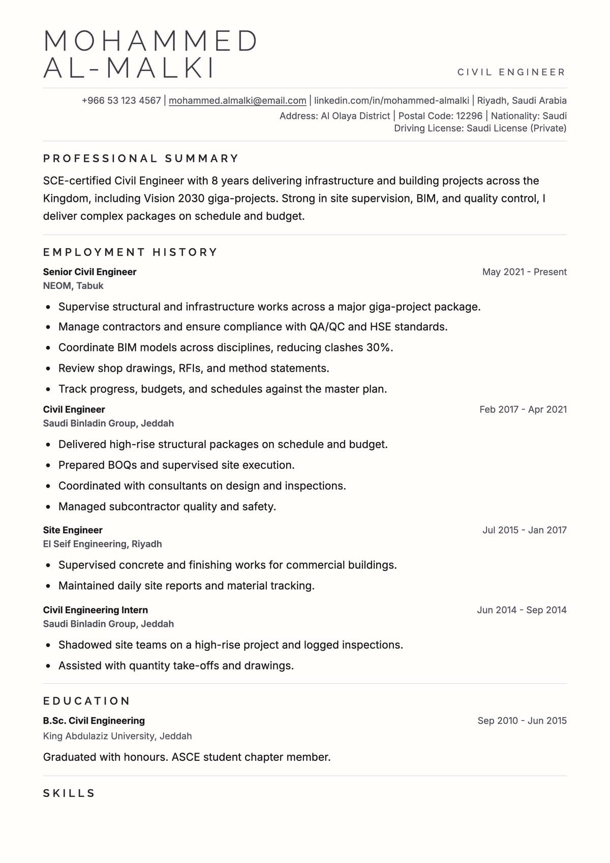 Executive ATS CV template for مهندس مدني