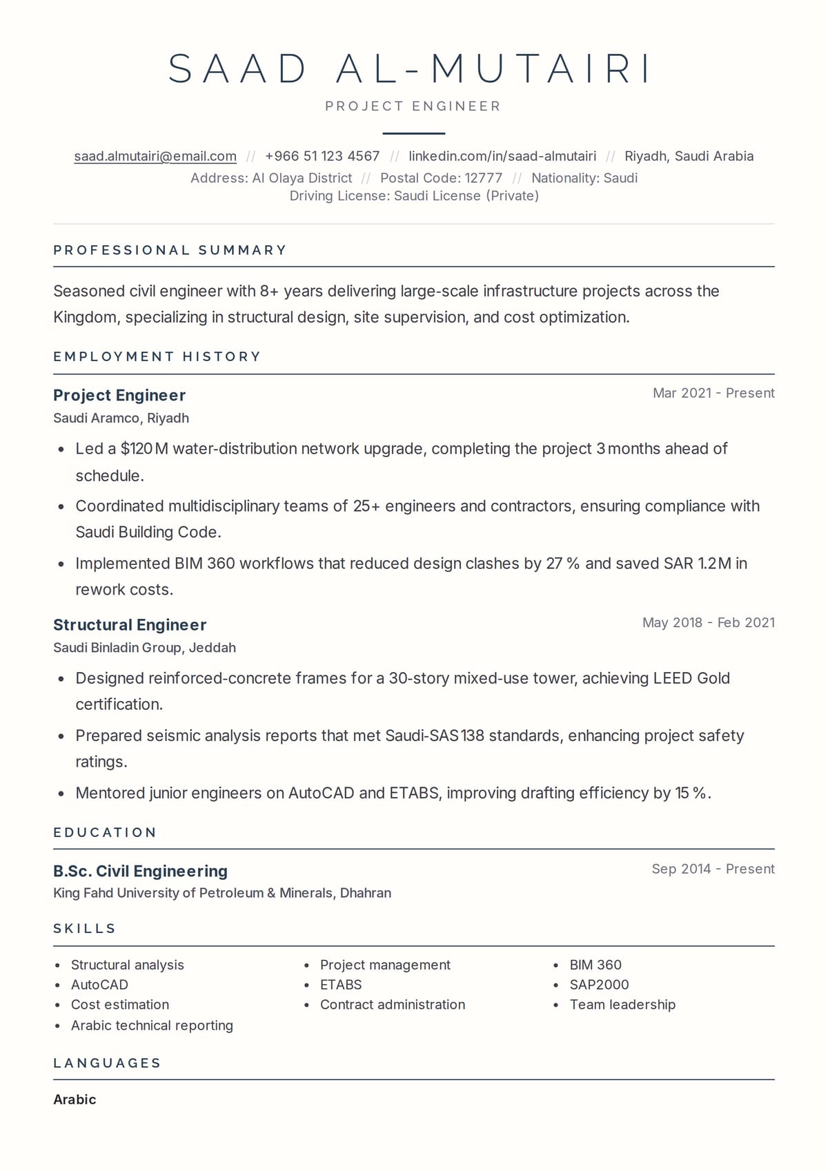 Prestige ATS CV template for Civil Engineer