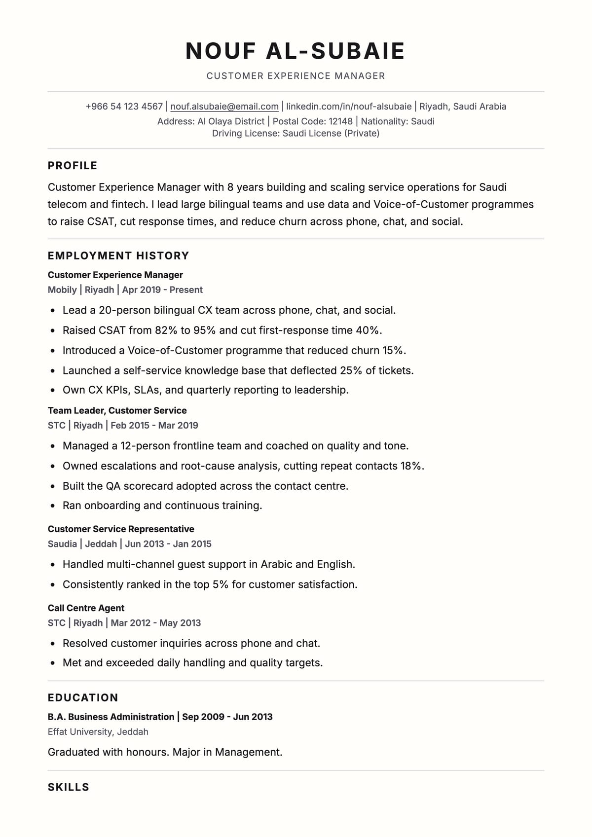 Awesome ATS CV template for موظف خدمة عملاء