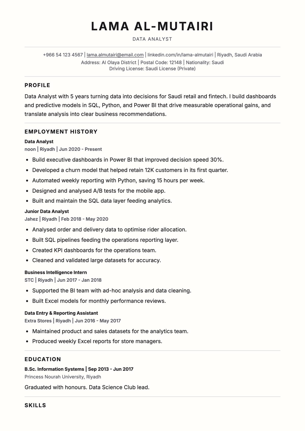 Awesome ATS CV template for محلل بيانات