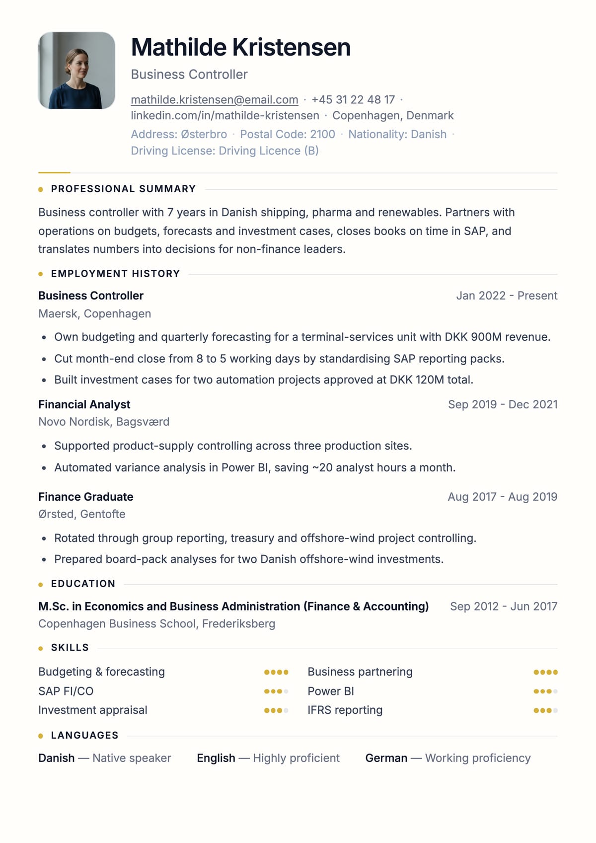 Nordic CV template for Denmark