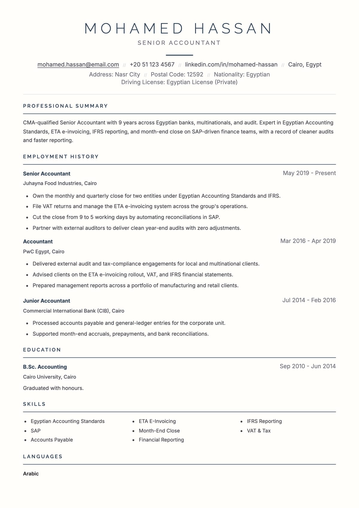 Prestige ATS CV template for Accountant