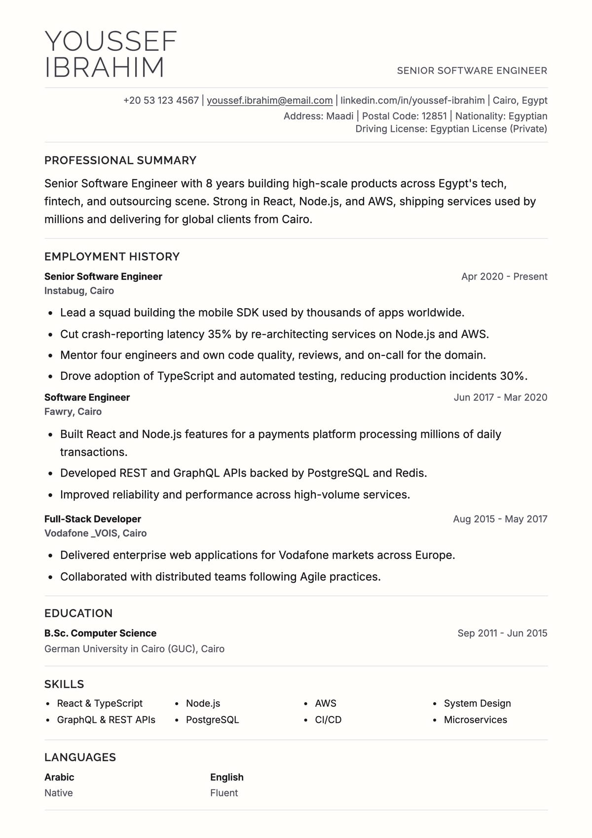 Executive ATS CV template for Software Engineer