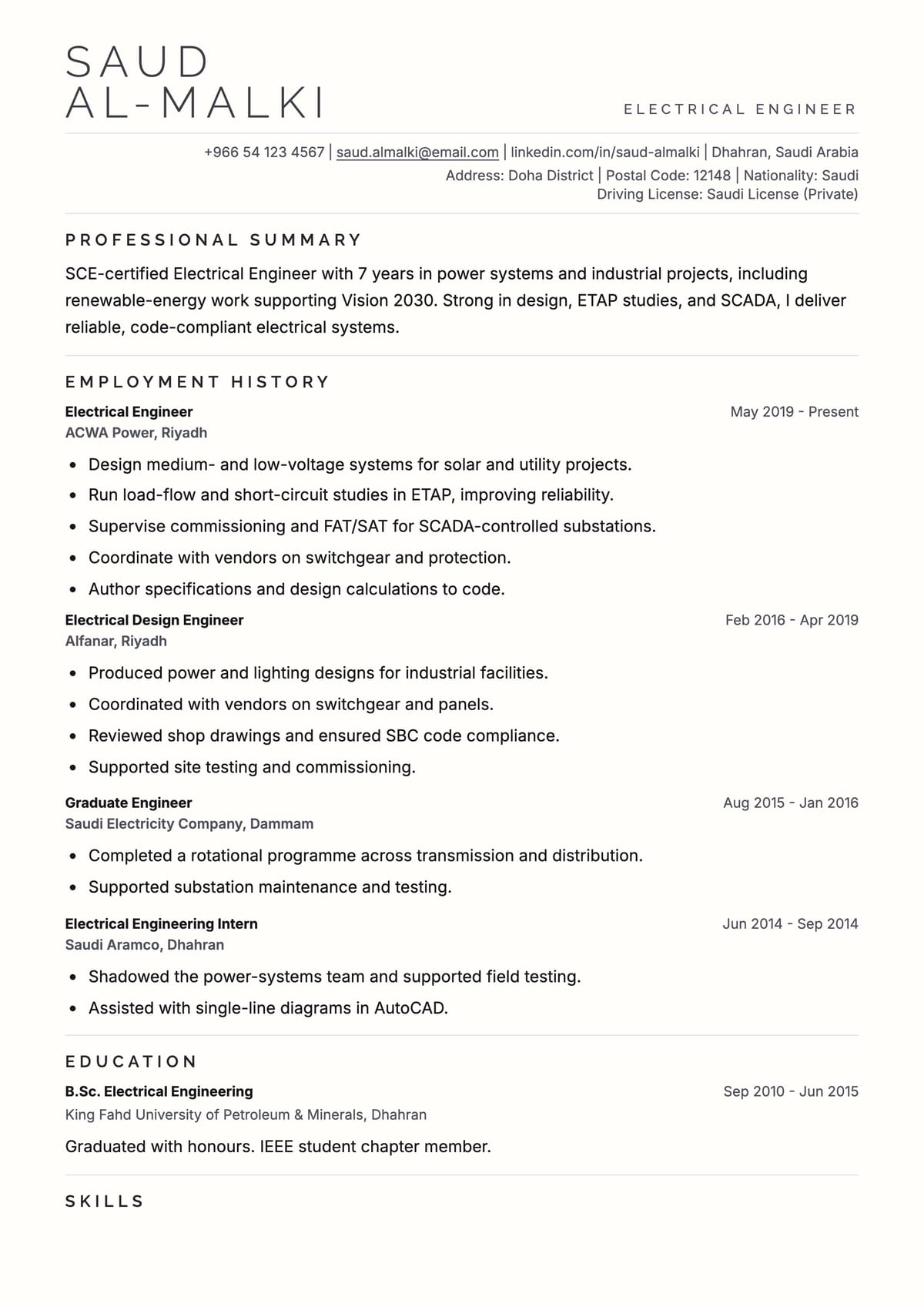 Executive ATS CV template for مهندس كهربائي