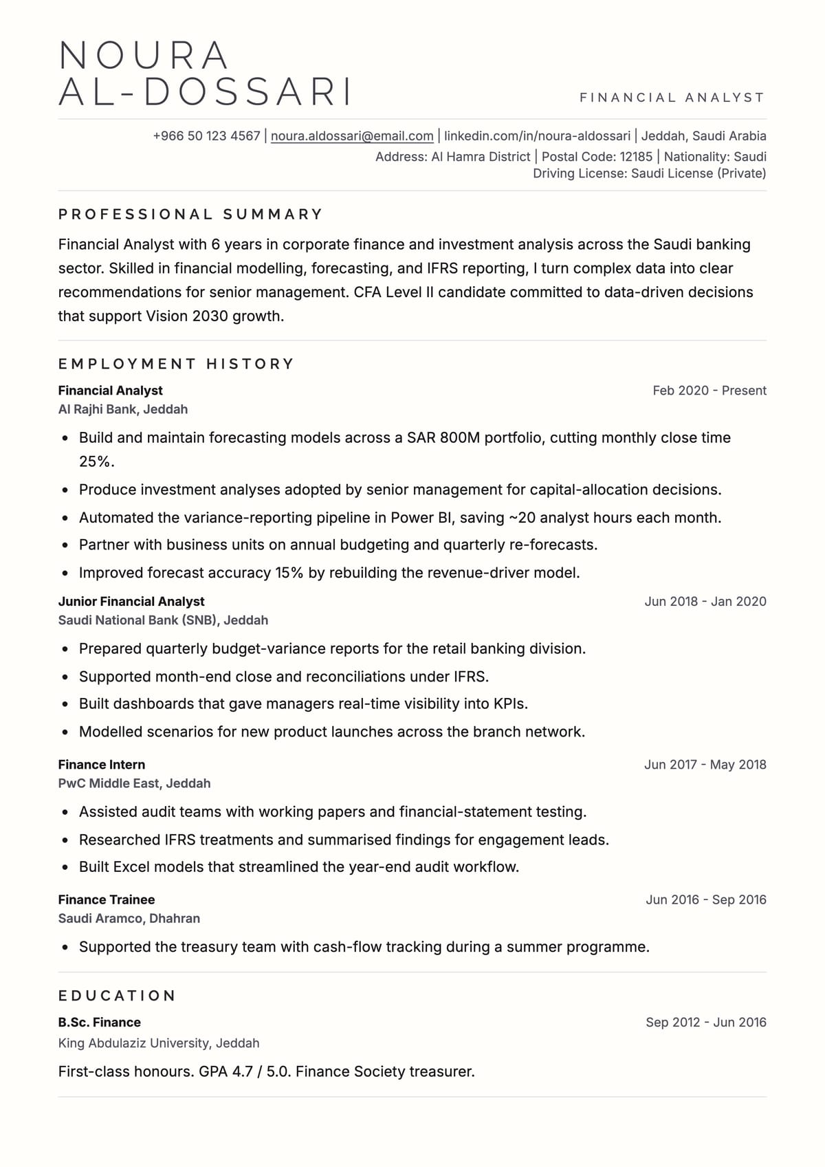 Executive ATS CV template for محلل مالي