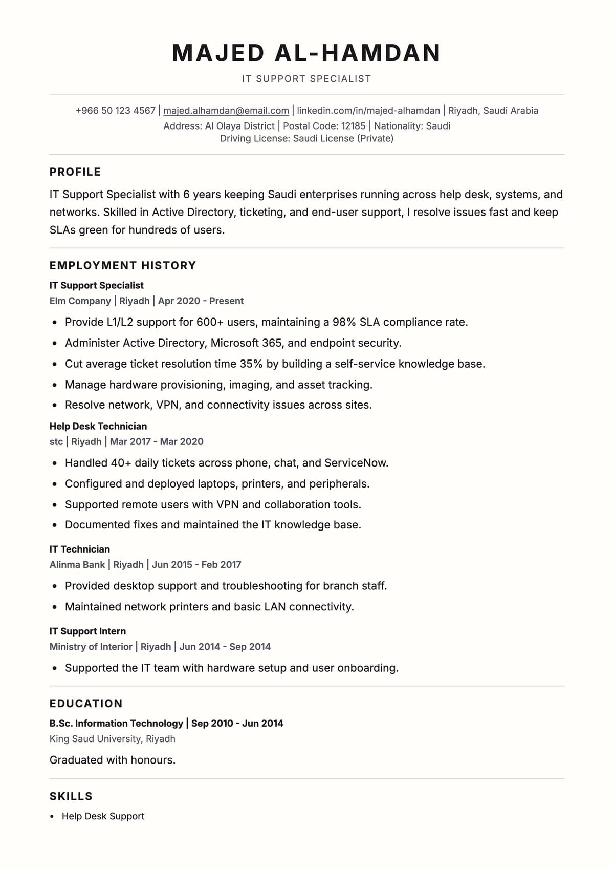 Awesome ATS CV template for دعم فني