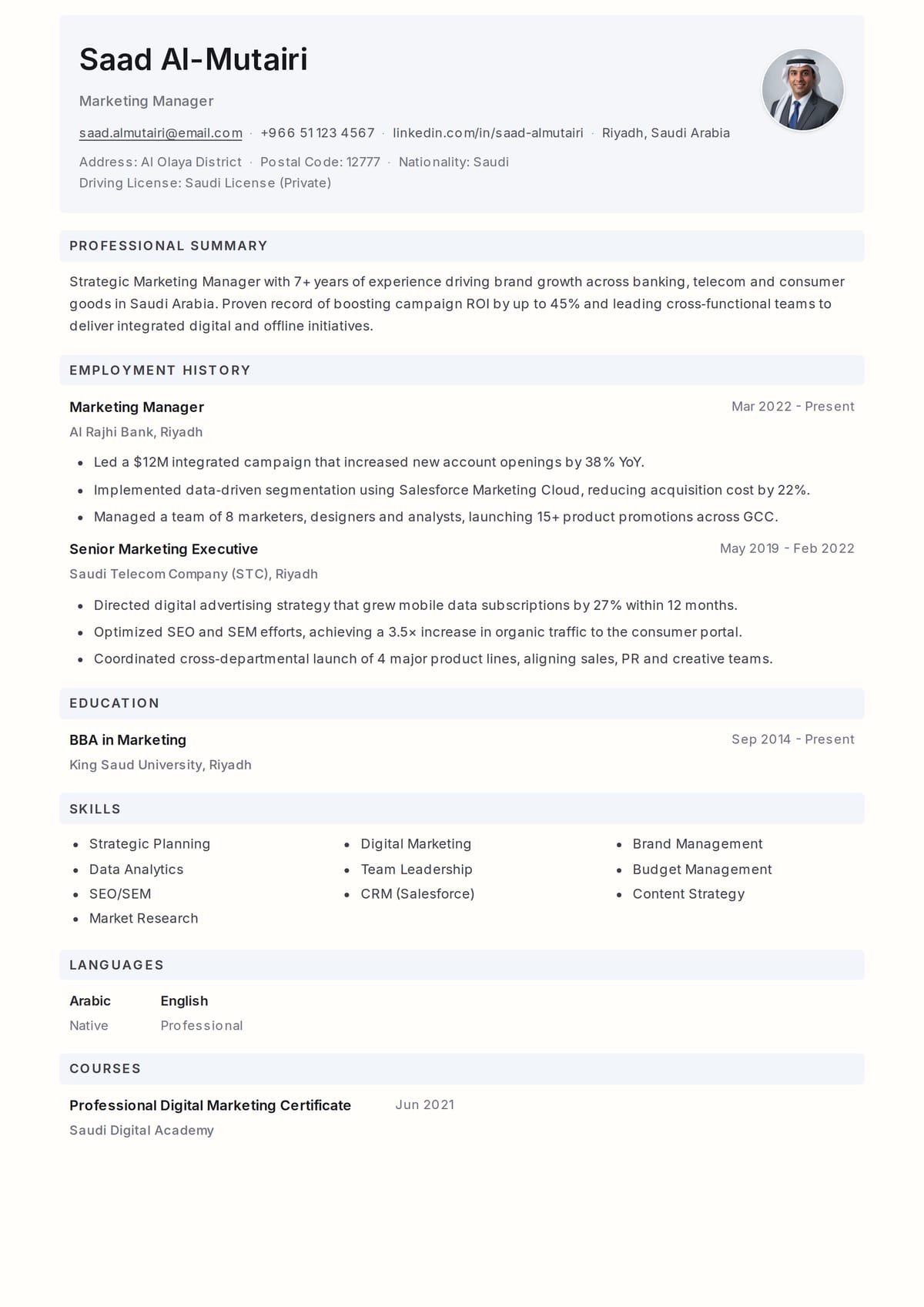 Structured Premium CV template for مدير تسويق