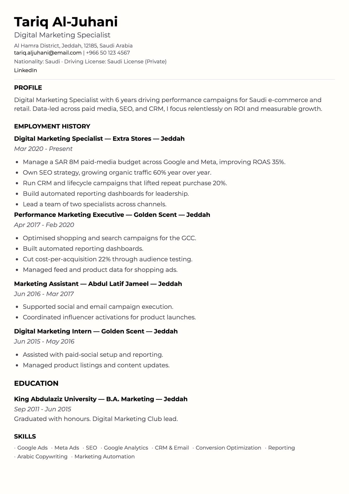 Classic CV template for أخصائي تسويق