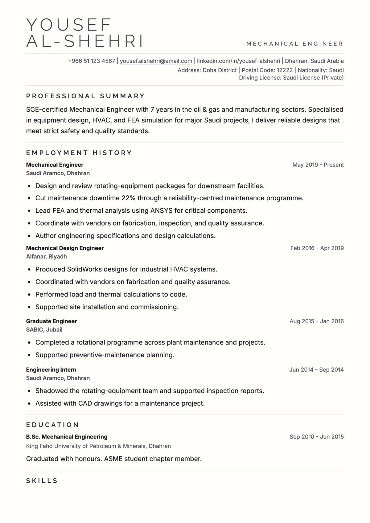 Executive ATS CV template for مهندس ميكانيكي