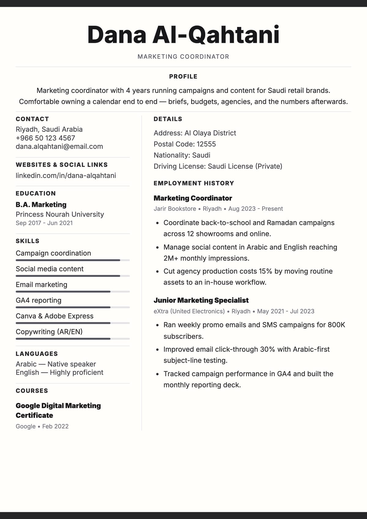 Simple ATS CV template for Free Online CV Maker