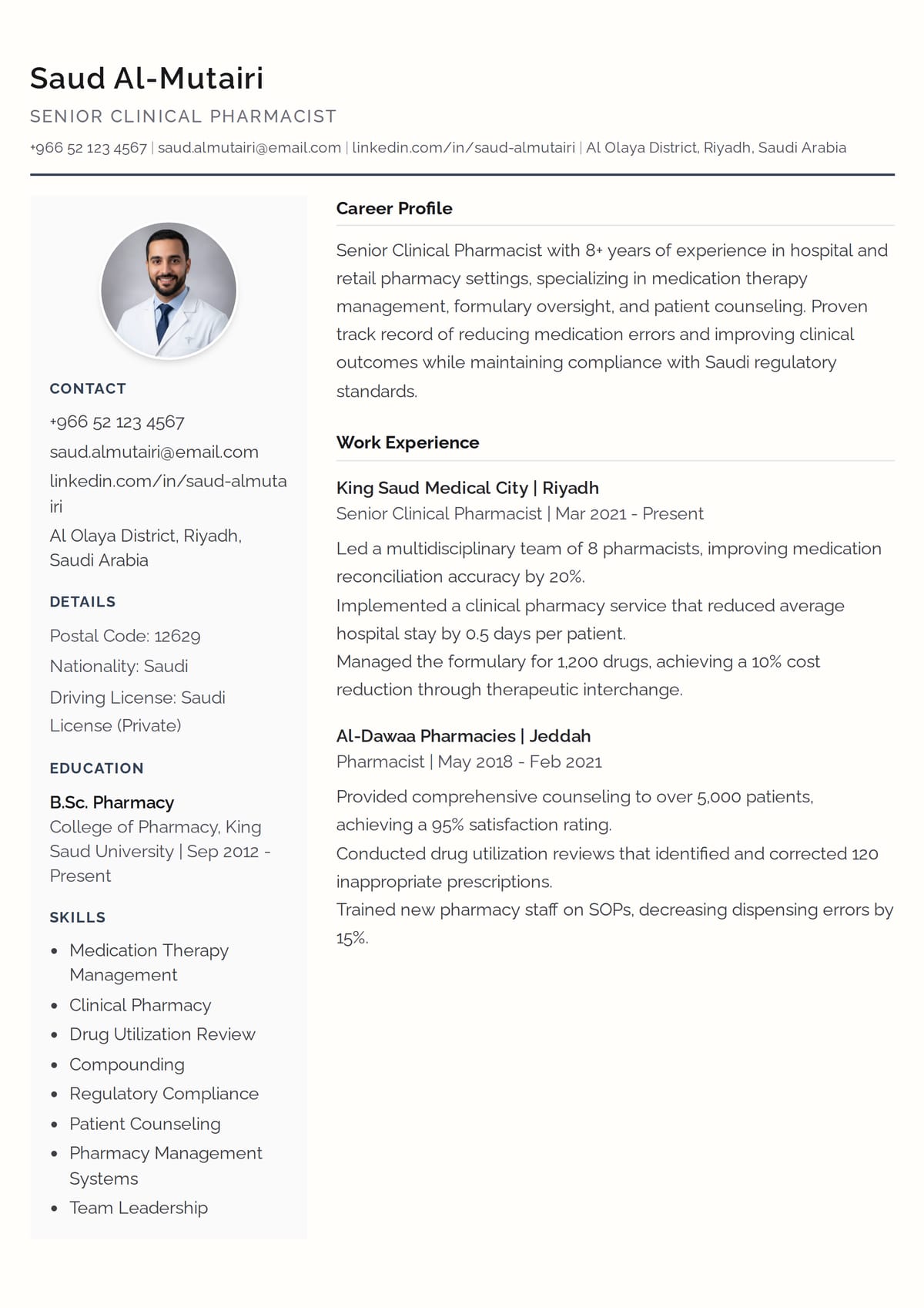 Sidebar Classic CV template for Pharmacist