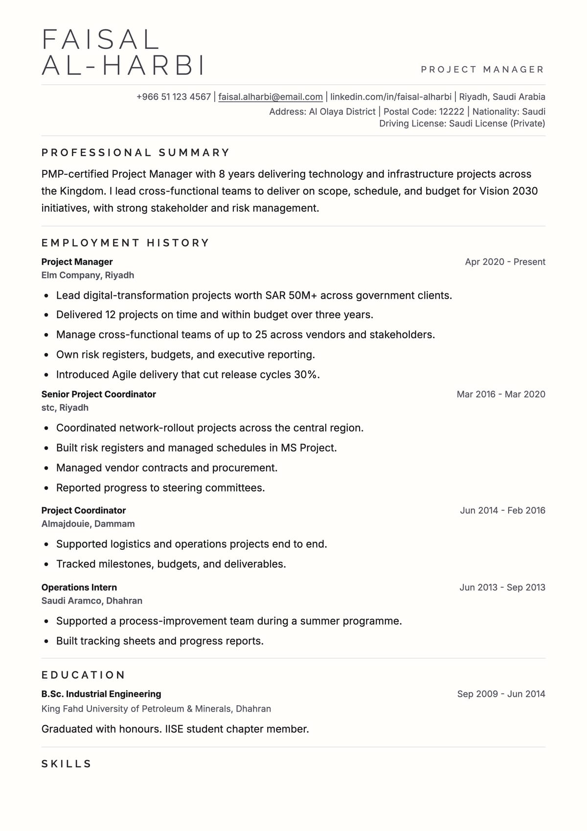 Executive ATS CV template for مدير مشاريع