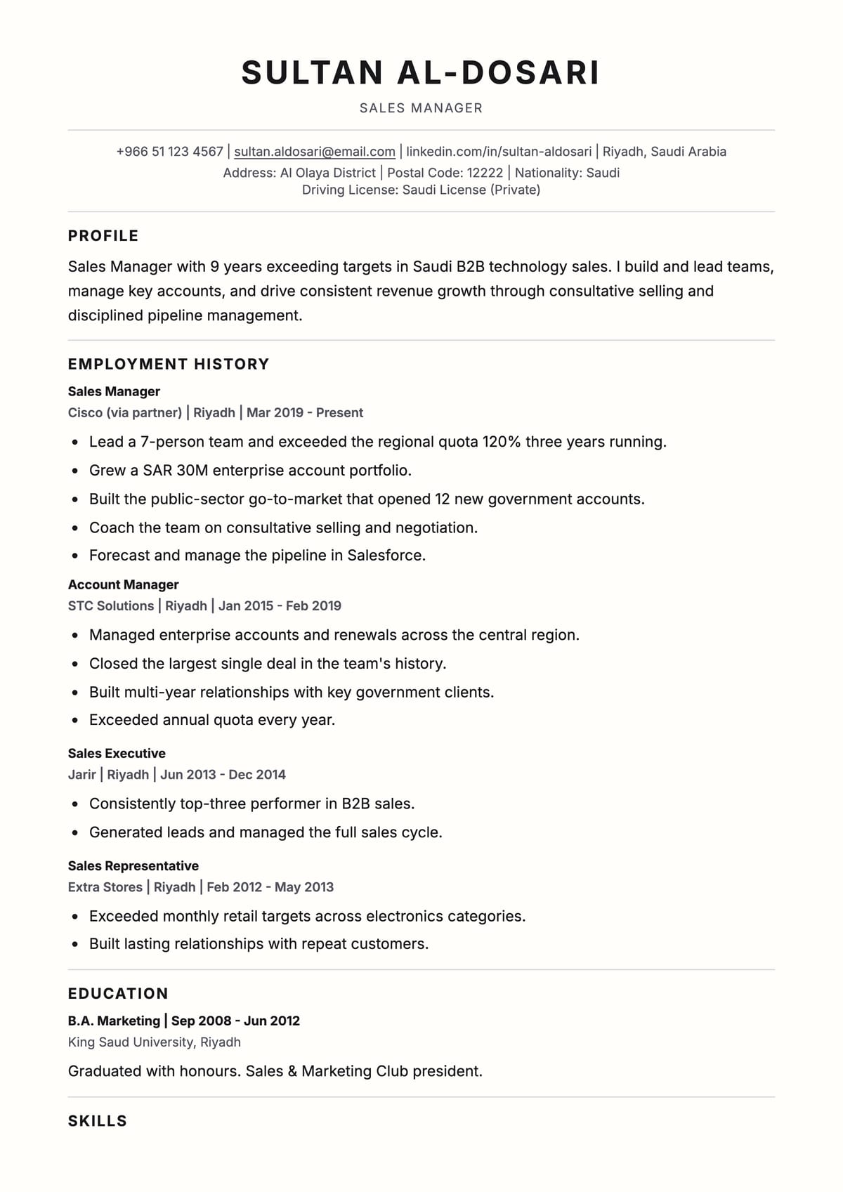 Awesome ATS CV template for مندوب مبيعات