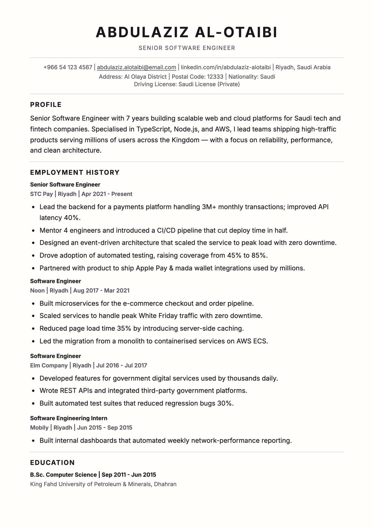 Awesome ATS CV template for السعودية