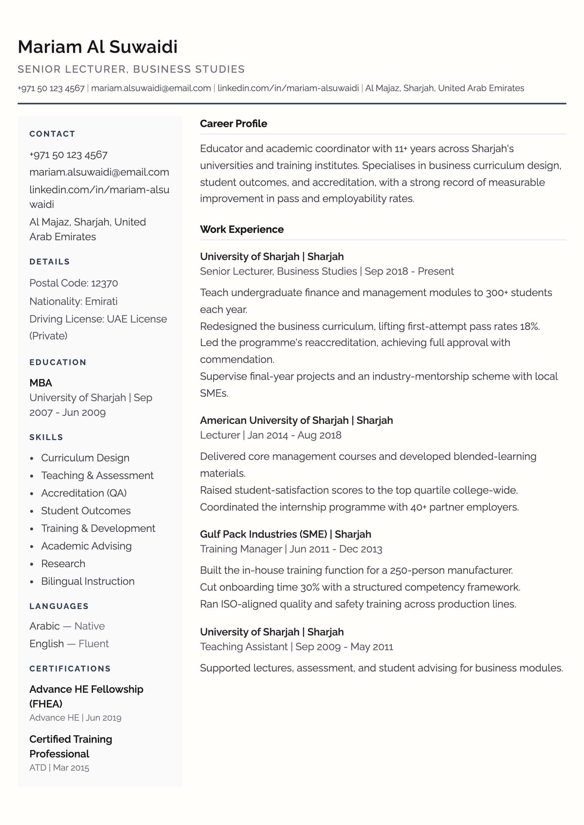 Sidebar Classic CV template for Sharjah