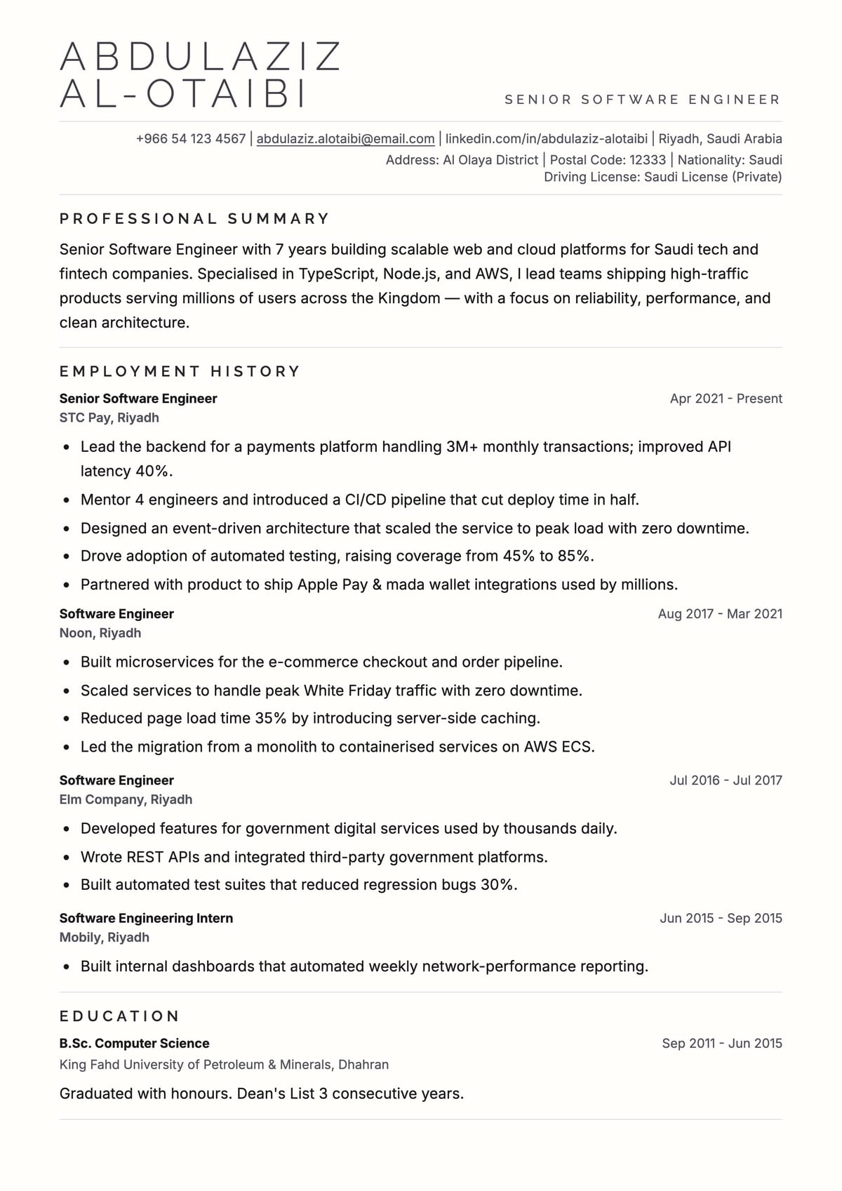 Executive ATS CV template for مهندس برمجيات