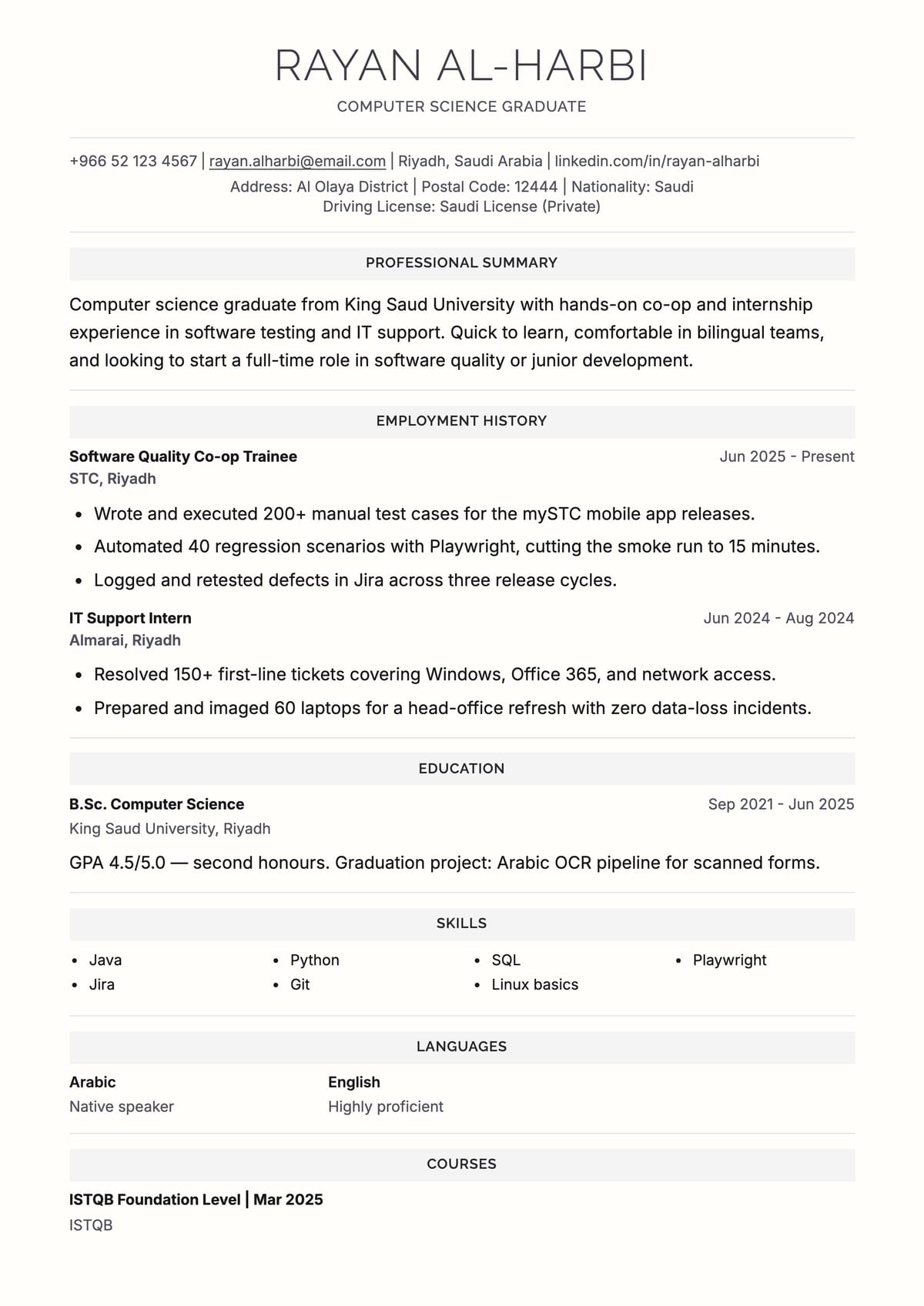 Structured ATS CV template for Student & Graduate CV