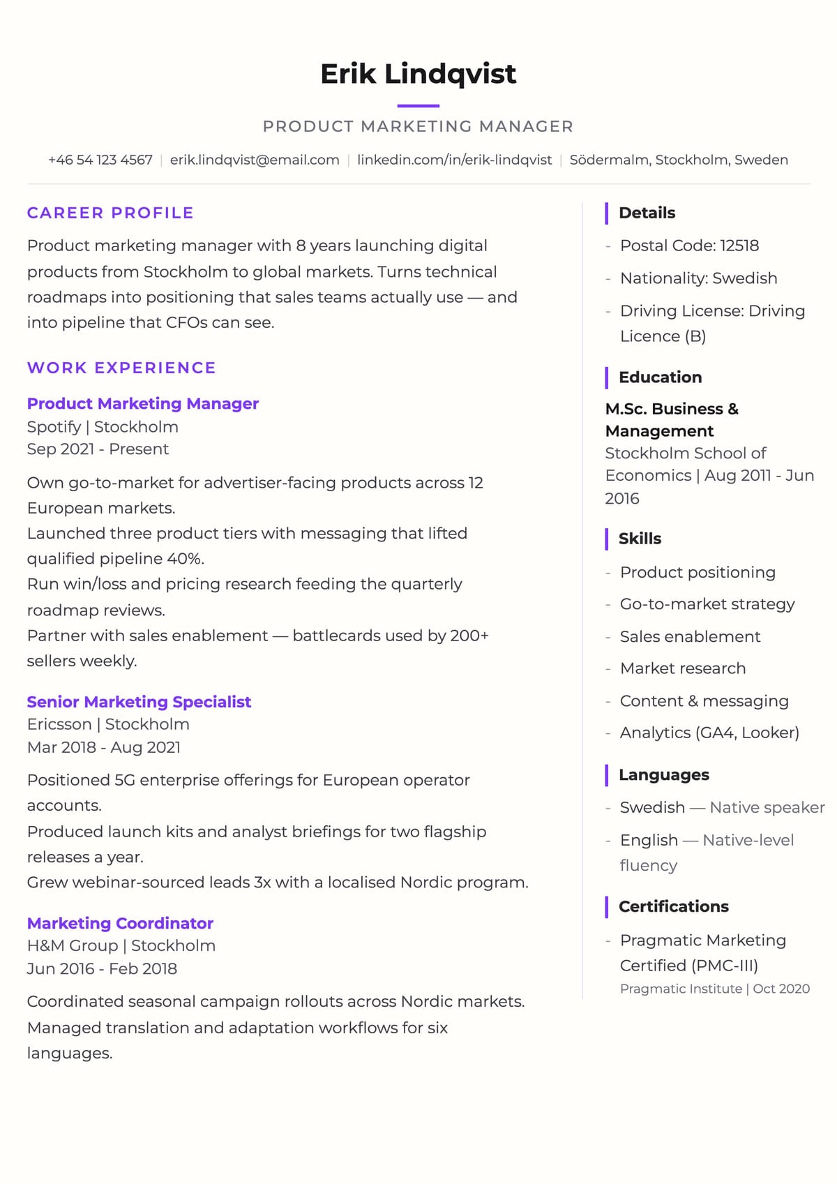 Modern Split CV template for Sweden