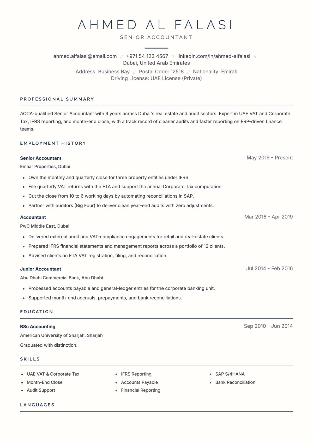 Prestige ATS CV template for Accountant